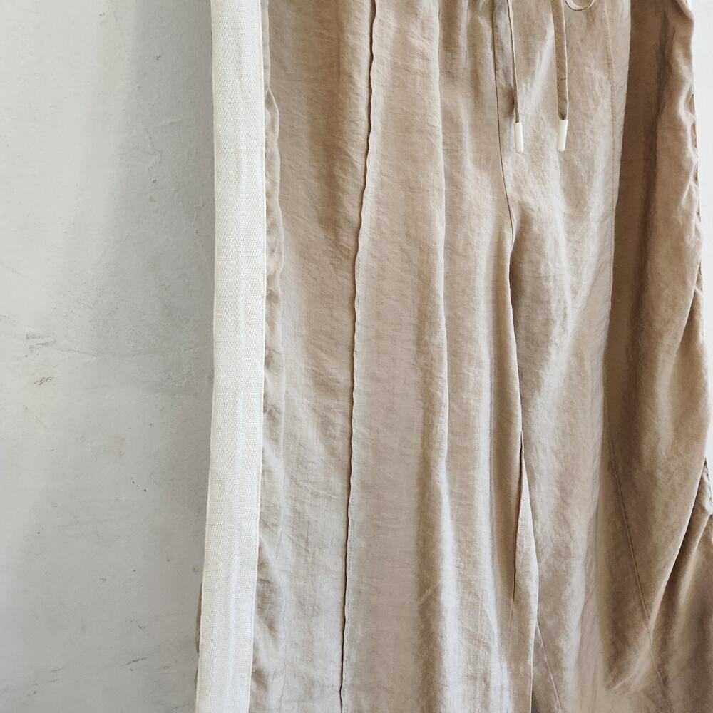 ZARA Sz L Tan Drawstring Flowy Pants Elastic Waist Wide Leg White Stripe - Picture 5 of 8